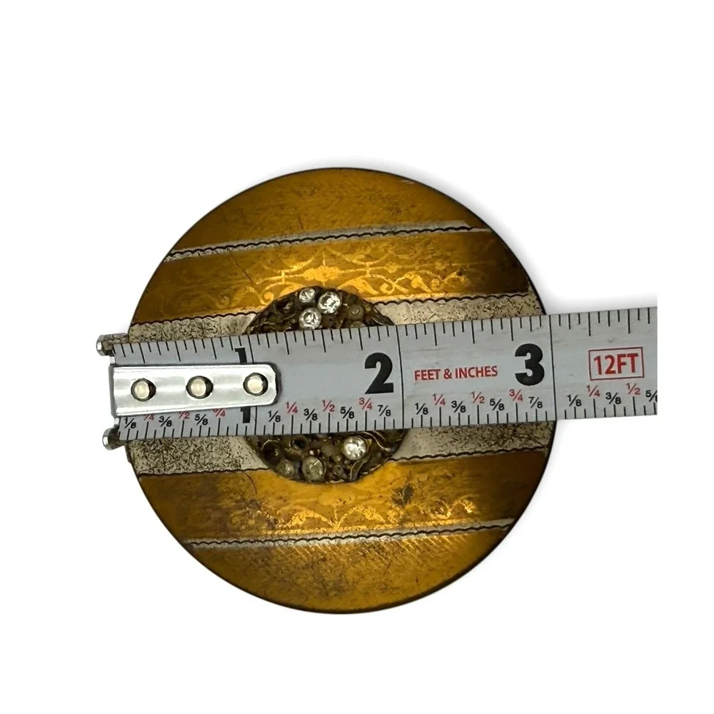 Dorset Fifth Avenue Rhinestone Compact Mirror Gold Tone Striped Round Vintage